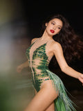 Women Sparkly Green Rhinestone Tassels Sexy Latin Dancer Mesh Bodysuit Eveing Party Birthday Nightclub Performance Stage Costume