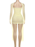 Sexy See Through Dress+Shawl Women Ruched Side Ribbon Coquette Skinny Midnight Clubwear Summer Vacation Party Bodycon