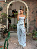 White Floral Print Two Piece Set Spaghetti Strap Ruffle Corset Top Strap Wide Leg Pants 2026 Summer Street Casual Women Outfit