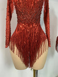 Red Rhinestones Skinny Bodysuit Women Sexy Long Sleeve Tassel Performance Singer Dance Costume Nightclub Celebrate Stage Wear
