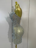 2026 Sexy Deep V Mesh See Through Mini Dress Women Sparkly Silver Diamonds Eveing Party Birthday Bar Nightclub Stage Costumes