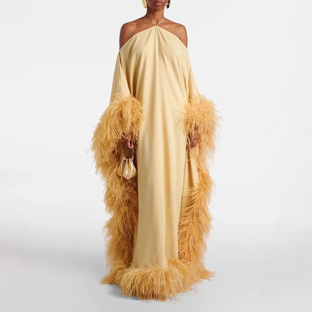 Glam Halter Off Shoulder Floor Length Dress for Women Loose Kaftan Feather Trim Wide Sleeve Back Tie Tassel for Party Gown