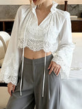 Elegant Lace Women Shirts Stand Collar Long Sleeve Lace Up Minimalist Loose Shirt for Daily Casual Wear Fashion New