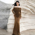 Sexy Sheer Mesh Maxi Dress for Women Slash Neck Long Sleeve High Waist Patchwork Folds Slimming Dresses Female New