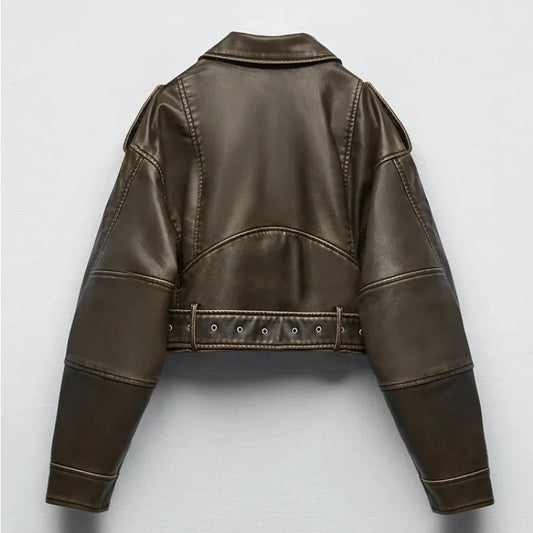Vintage Loose Pu Faux Leather Short Jacket with Belt Streetwear Female Zipper Retro Moto Biker Coat Outwear Tops