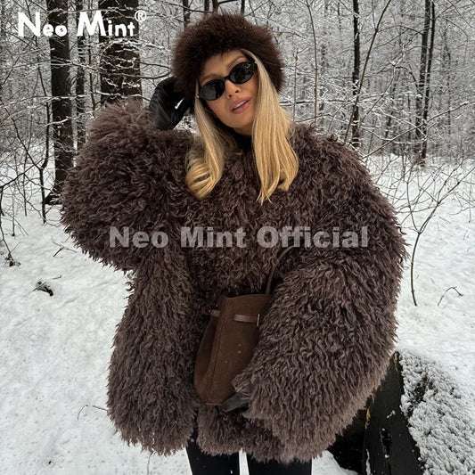 Winter 2026 Hot Chocolate Fluffy Chunky Sheep Fur Coat Women Oversized Overcoat Outerwear Ins Street Fashion Fur Jacket