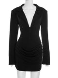 Elegant Office Dress Women Sexy Single-Breasted Hidden Buttons V-Neck Full Sleeve Folds Fashion Commute Bodycon