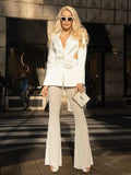Elegant Beaded pearls blazer pants set Suits women flower white slim blazer +Sexy Mesh See Through sequin Trousers two-piece set