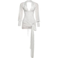 Sexy Backless Dress Women Polo-Neck See Through Full Sleeve Ruched Kink Ribbon Midnight Club Party Solid Mini Bodycon