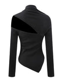 Solid Hollow Out Pullover Sweater For Women Diagonal Collar Long Sleeve Irregular Hem Slimming Sweater Female New