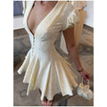 Women Solid Polka Dot Mini Dress Deep V Neck Puff Sleeve Pleated Front Button A-line Short Dresses Elegant Party 2026 Lady Gown