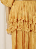 Elegant Chiffon Layered Ruffles Design Dress for Women Short Sleeves Waist Belt Spliced Diamonds Accent for Afternoon Tea