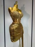 Women Sexy Strapless Sequins Rhinestone Gold Dress Glitter Top Two Pieces Sets Birthday Evening Party Club Singer Stage Outfit