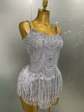 Sparkly Silver Rhinestones Pearl Tassels Bodysuit 2025 New Women Sexy Eveing Birthday Party Nightclub Stage Performance Costume