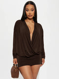 Sexy Ruched Dress Women Deep V-Neck Elegant Peach Hip Full Sleeve Spring Fashion Party Clubwear Skinny Mini Bodycon