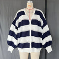 Fashion Striped Sweater Cardigan With Scarf Female Loose Thin Hollow Knitted Top Lantern Sleeve Contrast Color Retro Top