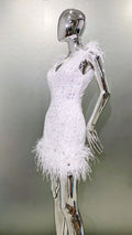 2026 Women's Luxury Rhinestone Feather Sequin Embroidered White Mesh Dress Glam Fashion Celebrity Party Evening Performance Gown