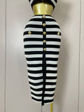 Sexy Off Shoulder Striped Button Two Piece Mini Bandage Set 2025 Women Celebrity Designer Evening Party Luxury Birthday Outfit
