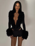 Patchwork Plush Bodysuit Women Deep v-Neck Full Sleeve Skinny High Elasticity Sexy Hottie Midnight Autumn Streetwear