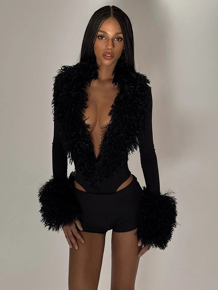 Patchwork Plush Bodysuit Women Deep v-Neck Full Sleeve Skinny High Elasticity Sexy Hottie Midnight Autumn Streetwear