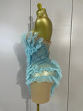 Women Sky Blue Sexy Strapless Mesh Ruffled See Through Mini Dress Luxury Rhinestone Birthday Evening Party Nightclub Stage Wear