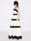 Elegant Colorblock Patchwork Bow Dresses For Women Strapless Sleeveless High Waist Formal Long Dress Female Wedding Gowns