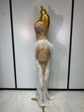 Women Sexy Strapless Sparkly Diamonds Tassel Mesh See Through Dress Celebrate Birthday Evening Party Nightclub Stage Costume