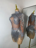 Sparkly Crystal Diamond Sexy Sheer See Through Shining Tassels Dress Long Sleeve Prom Dress Birthday Party Performance Dress