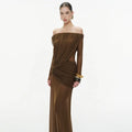 Sexy Sheer Mesh Maxi Dress for Women Slash Neck Long Sleeve High Waist Patchwork Folds Slimming Dresses Female New