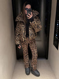 Women Leopard Print Hooded Ski Suit Set Waterproof Windproof Snow Jacket Pants Two Piece Outfit Winter Snowboard Skiing Costume
