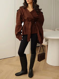 Chic Lace Up Women Jackets Lapel Collar Long Sleeve Loose Jacket for Street Stroll Casual Gathering Wear Fashion