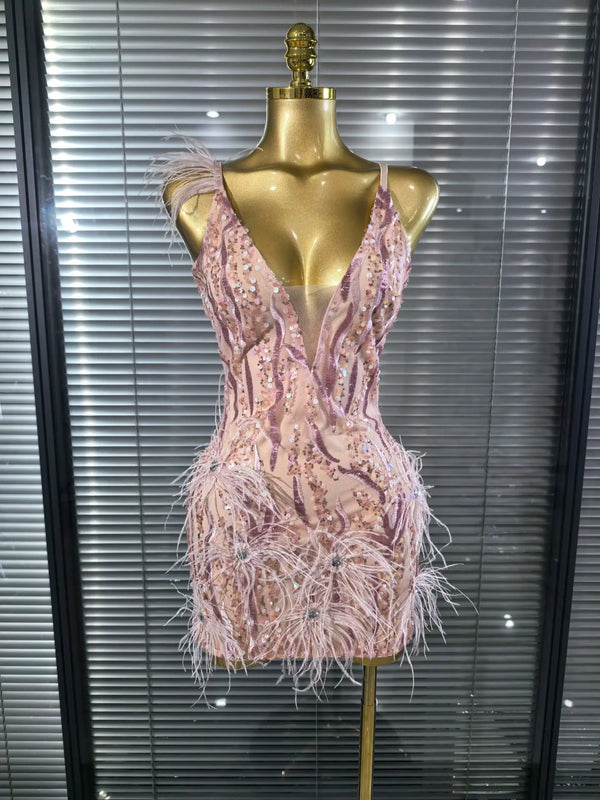 Women Summer Luxury Sexy Sequins Sparkly Feather Pink Mini Bodycon Dress 2025 Elegant Evening Cocktail Club Party Dress