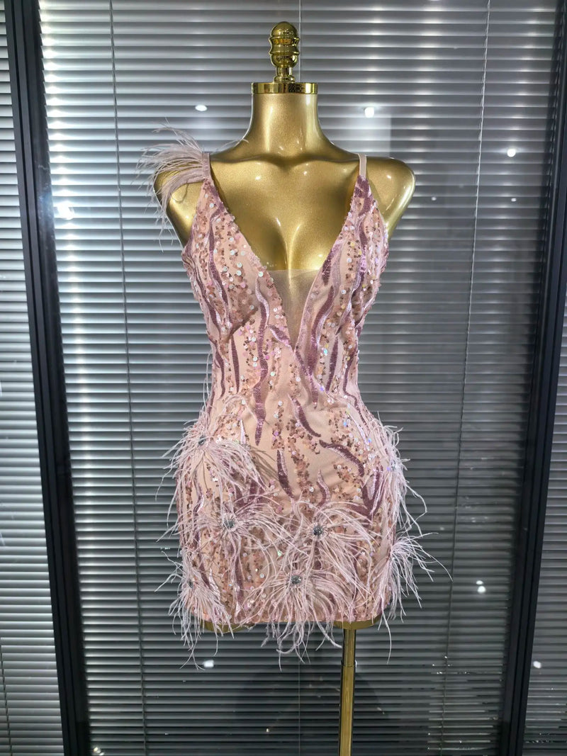 Women Summer Luxury Sexy Sequins Sparkly Feather Pink Mini Bodycon Dress 2025 Elegant Evening Cocktail Club Party Dress