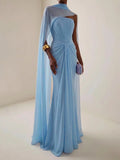 Light Blue Ruched Bodycon Mermaid Maxi Dress for Women for Cape Sleeve Design Draped Skirt for Red Carpet Award Ceremonies