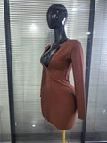 Brown Color Women Long Sleeve Sexy Deep V-Neck Bodycon Mini Bandage Dress Nightclub Party Birthday Outfit Wholesale