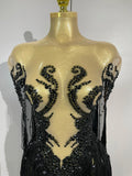 Sexy Black Rhinestones Sequins Tassel With Cape Mesh Transparent Dress Women Evening Birthday Party Nightclub Dance Stage Outfit