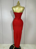 Newest Sexy Strapless Backless Red Flower Long Bandage Dress Women Celebirty Elegant Prom Evening Club Party Birthday Dresses