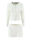 Two Piece Set For Women O Neck Lantern Sleeve Patchwork Buttons Tunic Cardigan Mid Waist Shorts Casual Suit Female