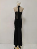 Sexy Sheer Mesh Fishtail Dress for Women Halter Sleeveless High Waist Patchwork Bandage Temperament Dresses Female
