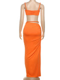 Bandage Ruched 2 Piece Set Women Square Collar Bra+Skinny Long Skirts 2025 Summer Vacation Beach Party Trend Suits