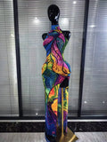 Colorful Rhinestones Print Women Sexy Off the Shoulder Mesh See Through Bodycon Long Dress Nightclub Party Performance Costumes