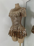 Sexy Women Short Sleeve Sparkly Sequins Stage Dress Luxury Evening Party Nightclub Performance Costume Stage Wear