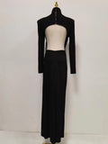 Black Turtleneck Backless Maxi Dresses Female Long Sleeve Slimming Minimalist High End Style for Luxury Cocktails