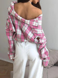 American Streetwear Pink Plaid Shirt for Women Lapel Removable Designer Long Sleeve Casual Shirts Female Fashion