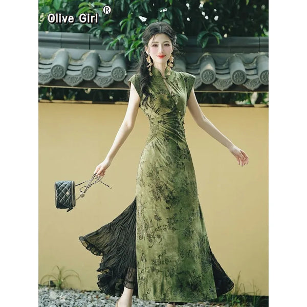 Olive Girl Romantic Qipao for Garden Wedding 2026 Fairycore Photoshoot Everyday Wear S-XXL XS-3XL Plus Size Romantic Garden Party Editorial Not Costume Qipao Cheongsam Chinese Dress Chinese Heritage Fashion Women
