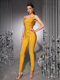 Khaki Ginger Women's V-neck Bodycon Sexy Sleeveless Rayon Bandage Jumpsuit Night Club Party Jumpsuits