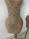 Gold Party Evening Short Dress Sparkly Diamonds Luxury Elegant Mesh See Throught Cocktail Birthday Clothing Night Club Show Wear