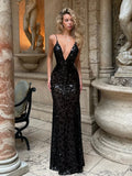 Sequin Deep V-neck Long Dress Women Chic Sleeveless Spaghetti Strap Backless Mermaid Dresses Lady Sexy Evening Party Wear New