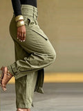 Women High Waist Jeans Apron Panel Design Tie Cuff Loose Denim Jogger Trousers Streetwear Autumn