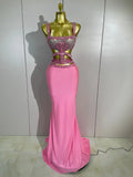 Luxury Birthday Evening Party Set Sparkly Rhinestone Pink Sexy Sleeveless Long Dress Two Pieces Nightclub Party Club Stage Wear